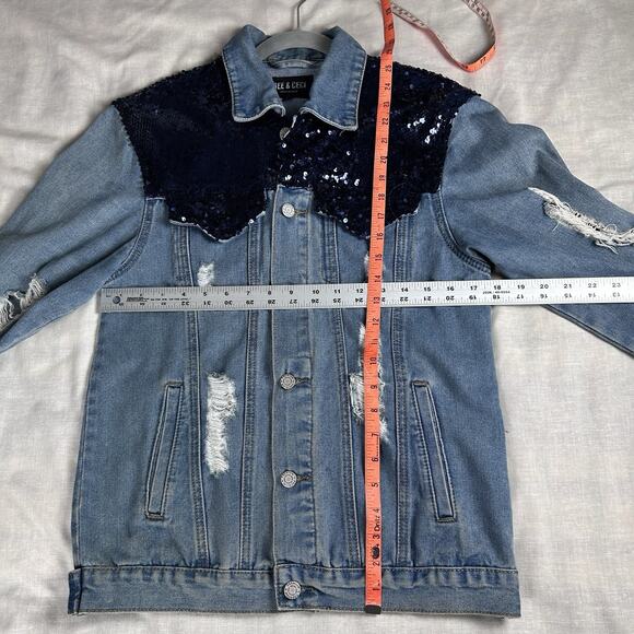 Bee & Ceci Size M Oversized Distressed Sequin Embroidered Jean Jacket - Picture 7 of 8